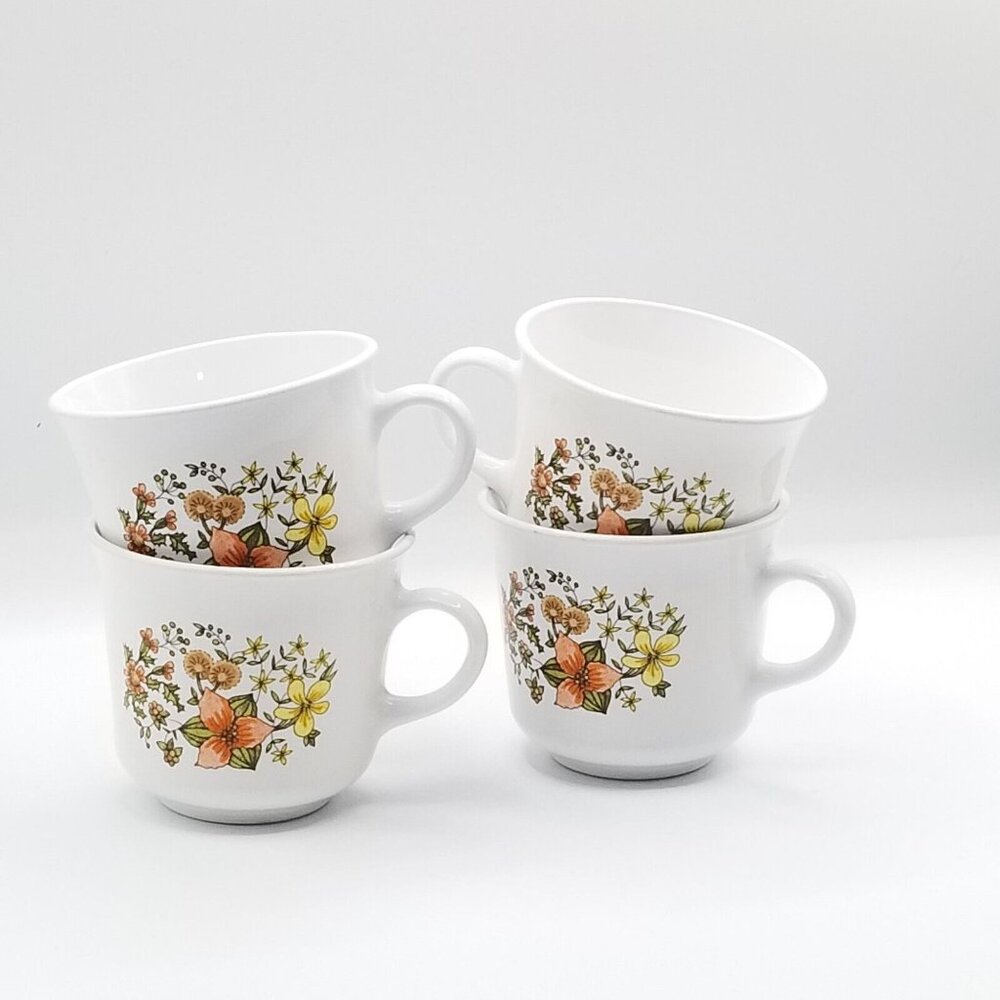 1970s Corelle Corning Indian Summer Coffee Mug Cup Floral Set of 4